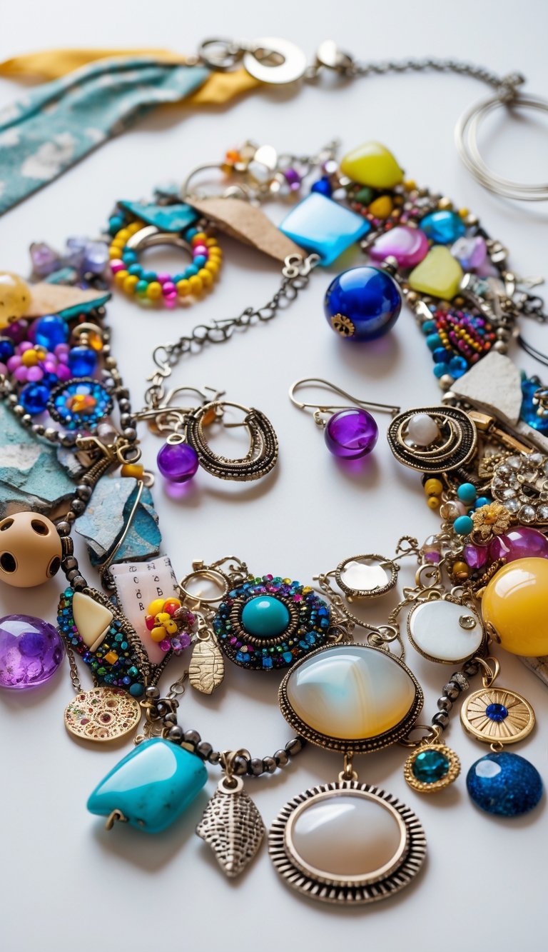 An assortment of broken jewelry pieces and craft materials arranged together on a white surface.
